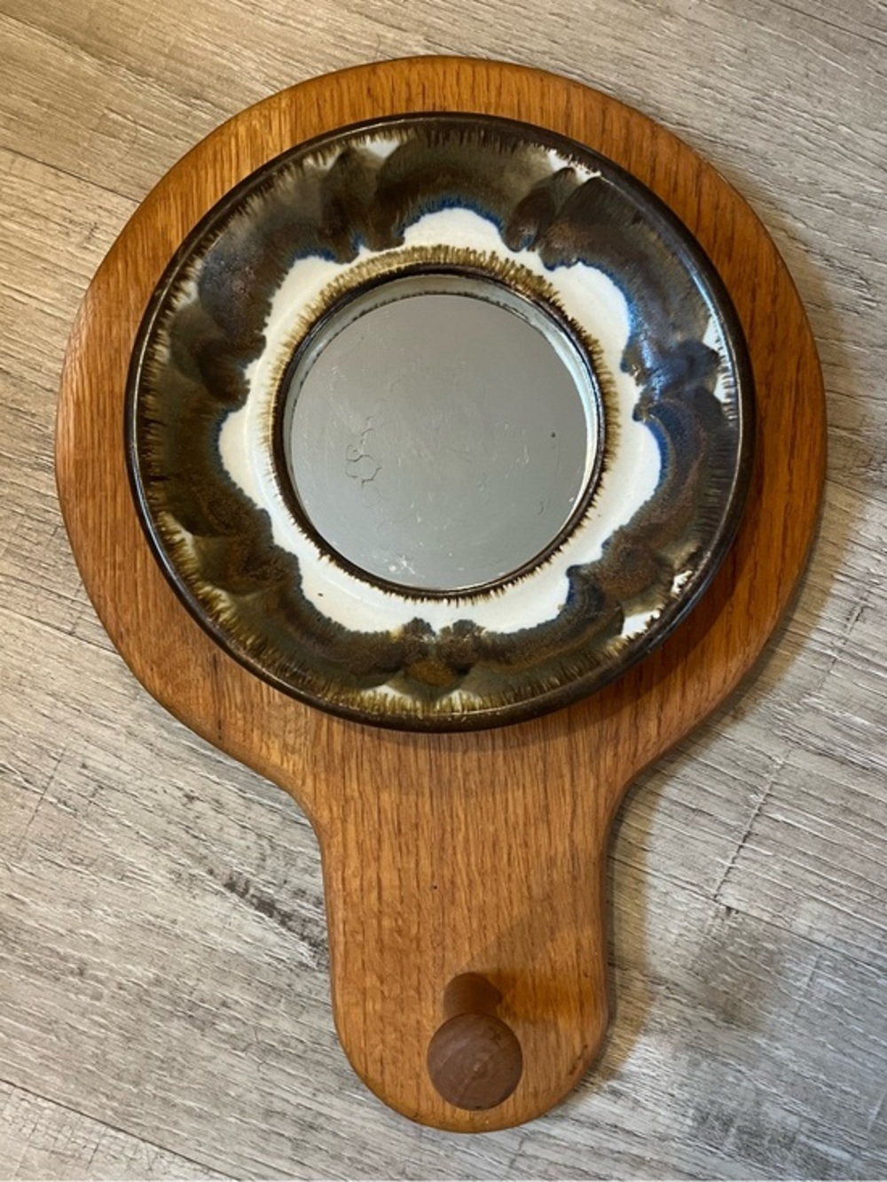 Vintage Evangel Art Pottery Mirror Wall Hanger Wood with Hook